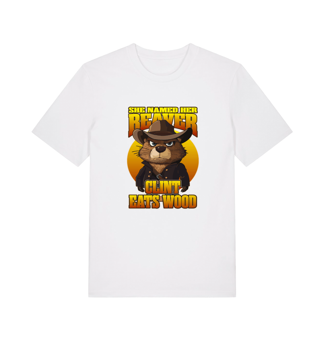 white animal t-shirt with a graphic of a beaver wearing a cowboy hat and the text 'she named her beaver clint eats wood'