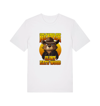 white animal t-shirt with a graphic of a beaver wearing a cowboy hat and the text 'she named her beaver clint eats wood'