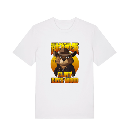 white animal t-shirt with a graphic of a beaver wearing a cowboy hat and the text 'she named her beaver clint eats wood'