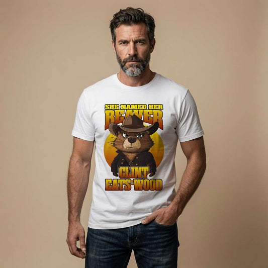 Man in white She Named Her Beaver Clint Eats Wood t-shirt, funny rude beaver mens graphic tee