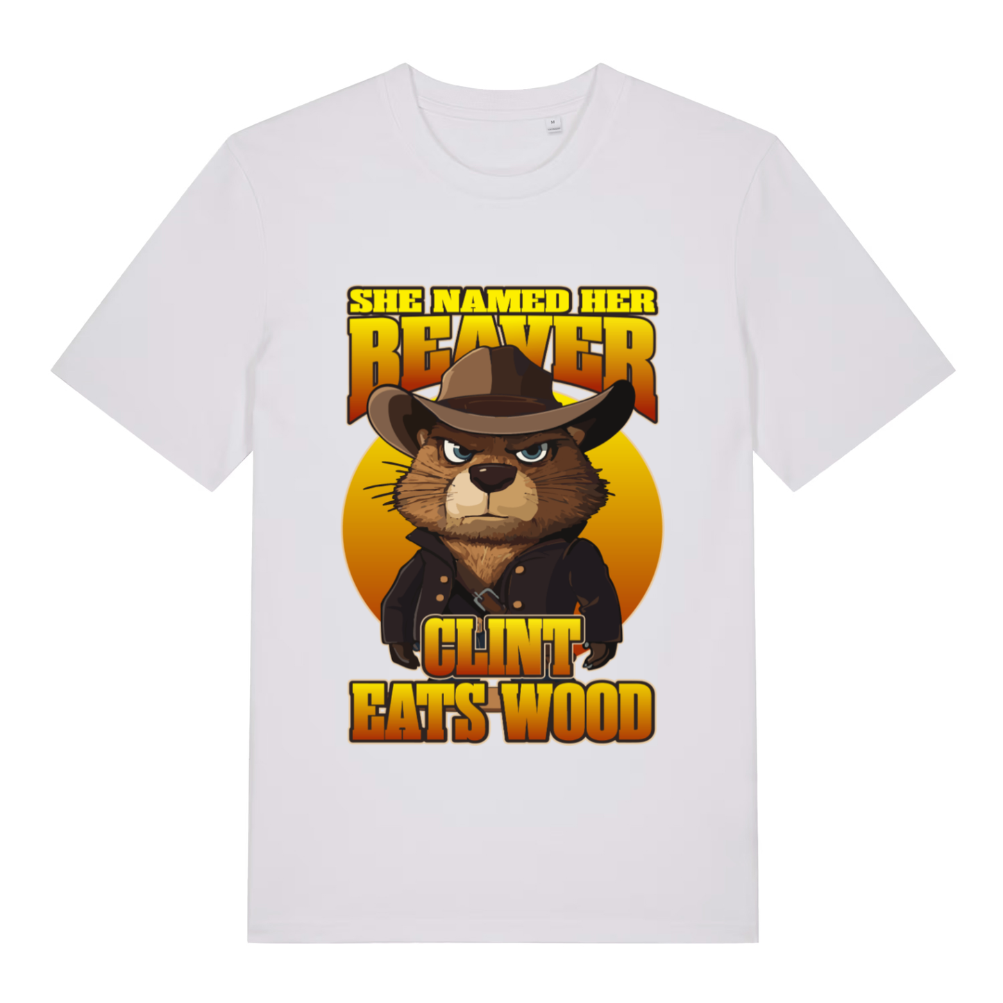 White Clint Eats Wood T-shirt flat lay with clean angry beaver "She Named Her Beaver" design