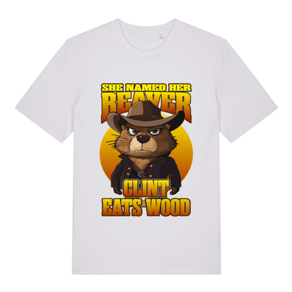 White Clint Eats Wood T-shirt flat lay with clean angry beaver "She Named Her Beaver" design