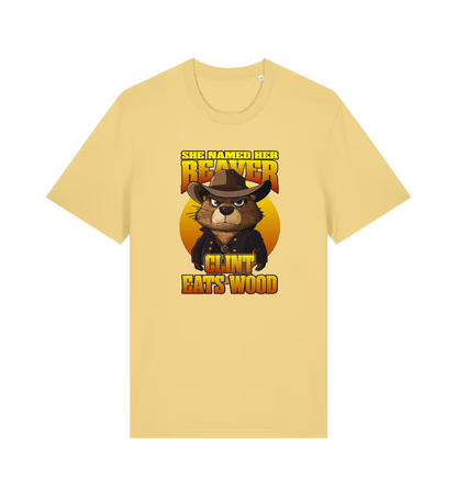 yellow animal t-shirt with a graphic of a beaver wearing a cowboy hat and the text 'she named her beaver clint eats wood'