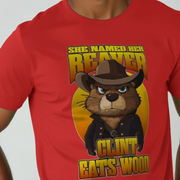 Red joke t-shirt with a cartoon beaver wearing a cowboy hat graphic and the text 