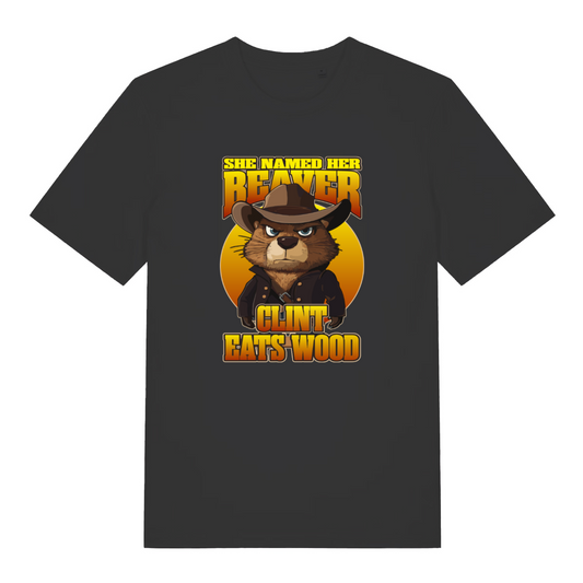 black funny offensive t-shirt with the graphic of a beaver dressed as a cowboy and the slogan 'she named her beaver clint eats wood'