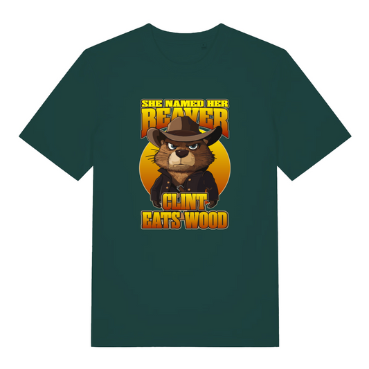 green funny offensive t-shirt with the graphic of a beaver dressed as a cowboy and the slogan 'she named her beaver clint eats wood'