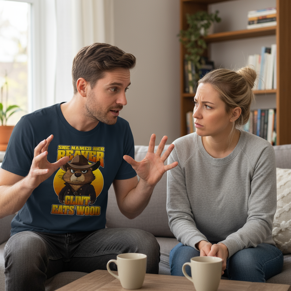 man wearing a graphic t-shrt with a beaver design sat next to a woman on a couch, engaged in deep conversation