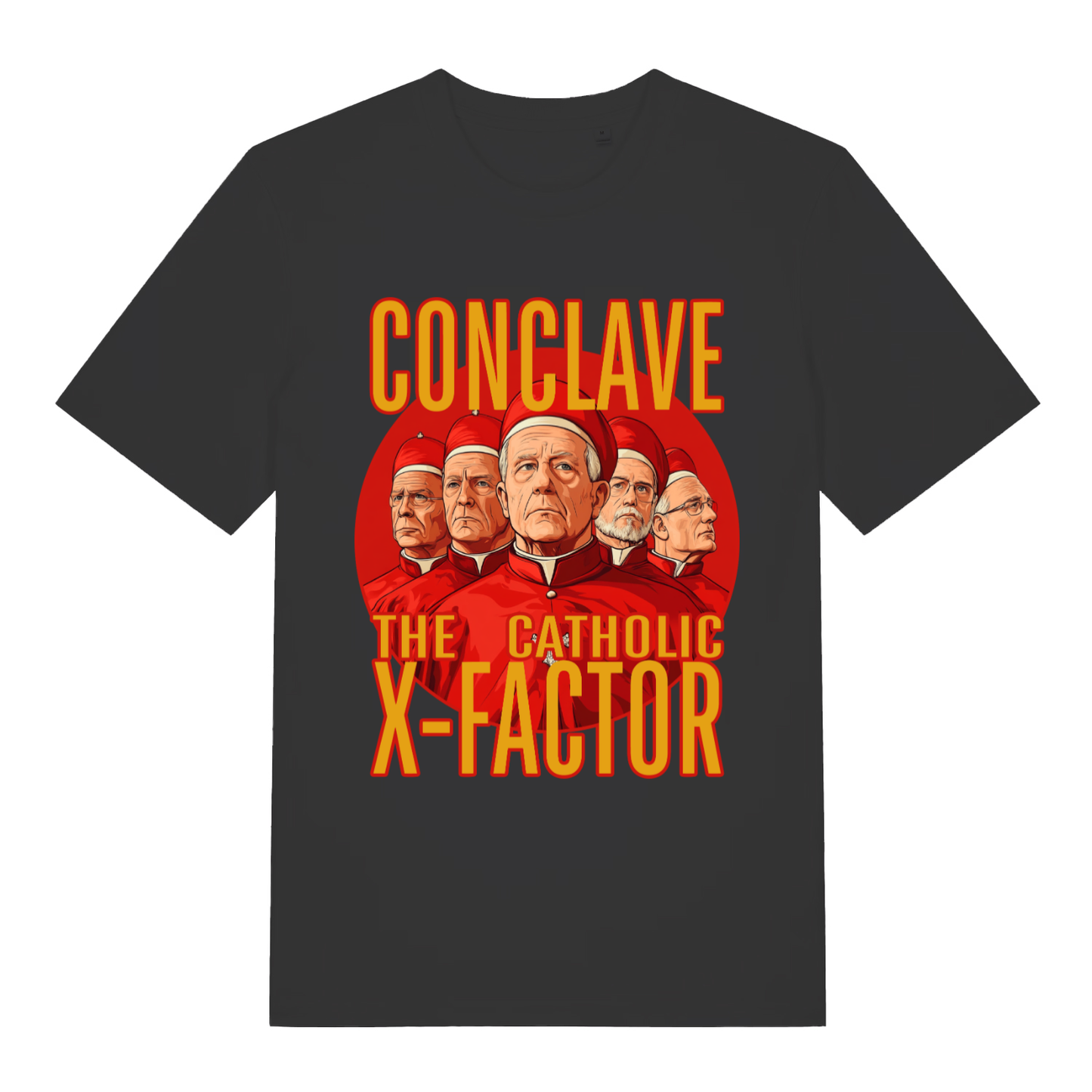 Black Conclave T-shirt flat lay with funny Catholic X-Factor cardinals graphic parody