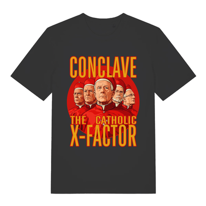 Black Conclave T-shirt flat lay with funny Catholic X-Factor cardinals graphic parody