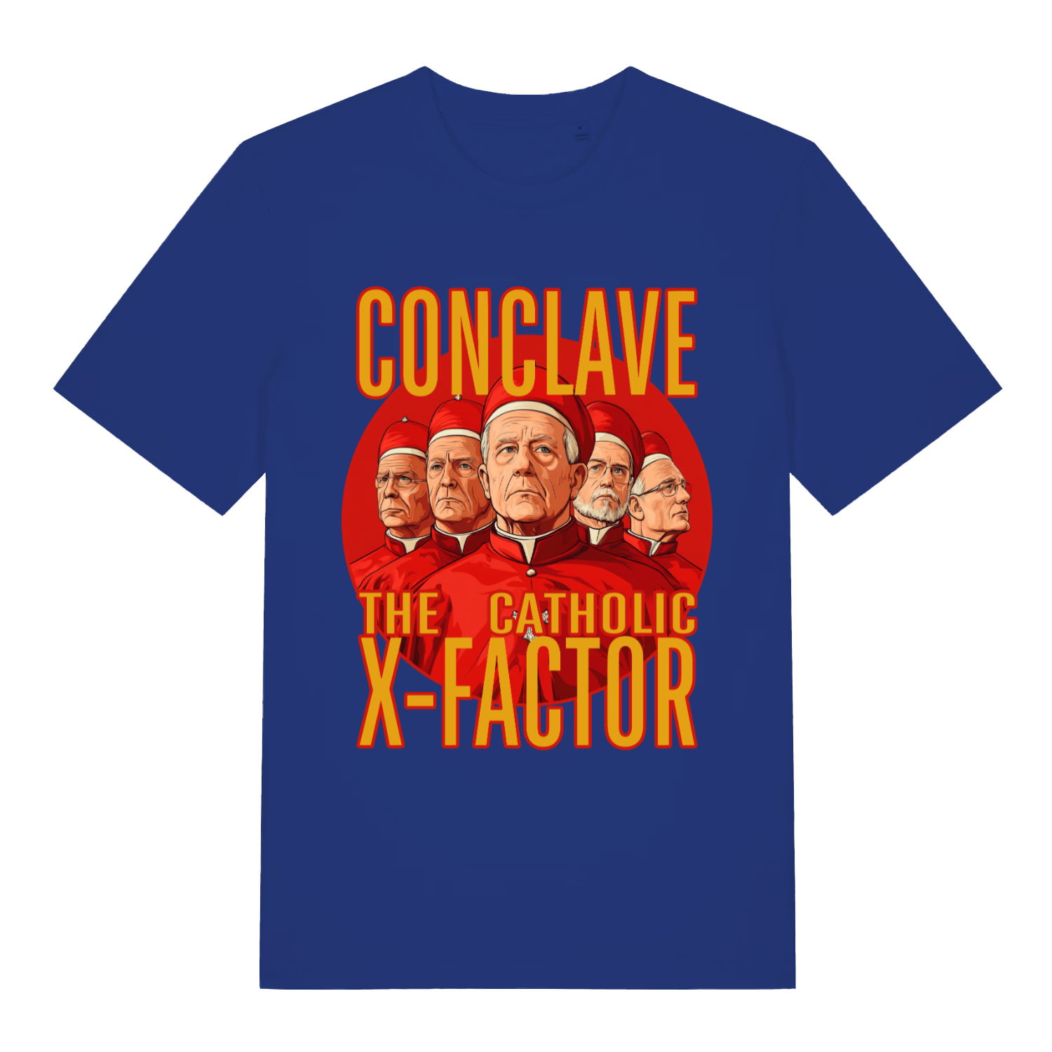 Blue Conclave T-shirt flat lay featuring stern cardinals "The Catholic X-Factor" design