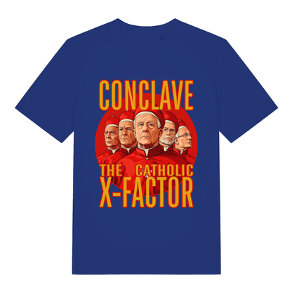 Blue Conclave T-shirt flat lay featuring stern cardinals "The Catholic X-Factor" design