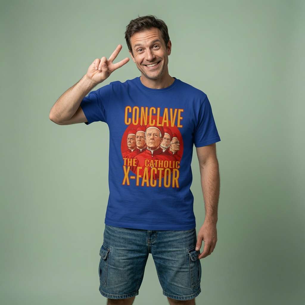 Man in blue Conclave The Catholic X-Factor tee, mens funny religious satire graphic gift