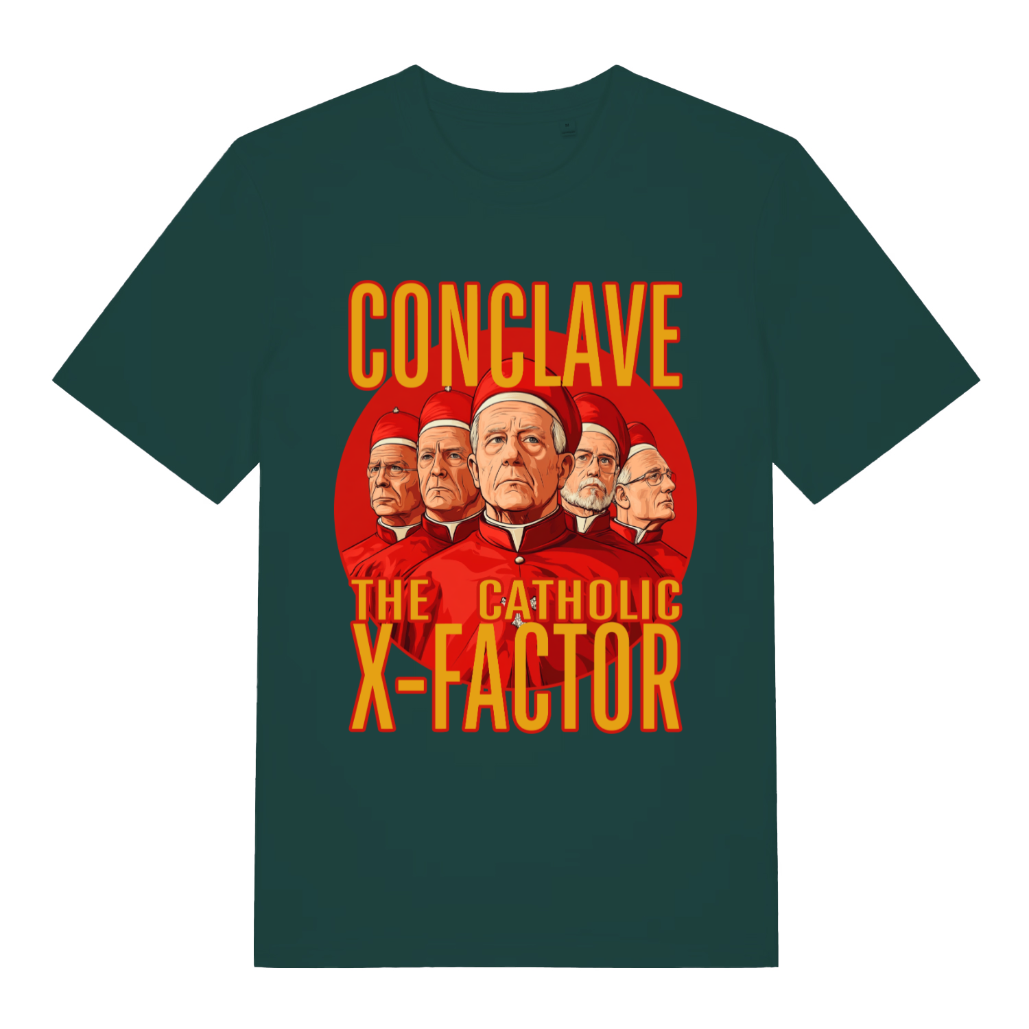 Green Conclave T-shirt flat lay showing bold religious satire conclave illustration