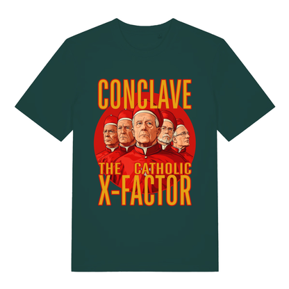 Green Conclave T-shirt flat lay showing bold religious satire conclave illustration