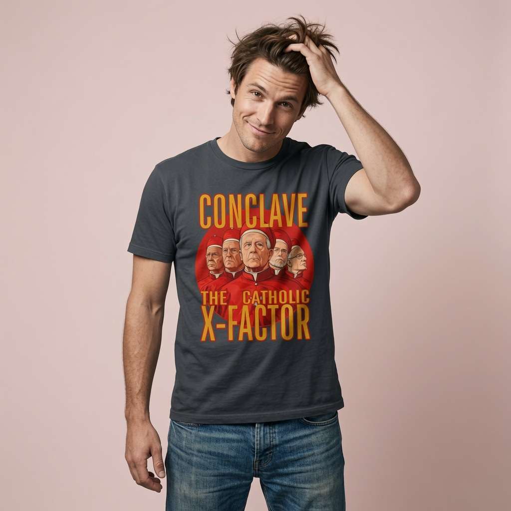 Man in ink grey Conclave The Catholic X-Factor t-shirt, fun witty satire mens graphic tee