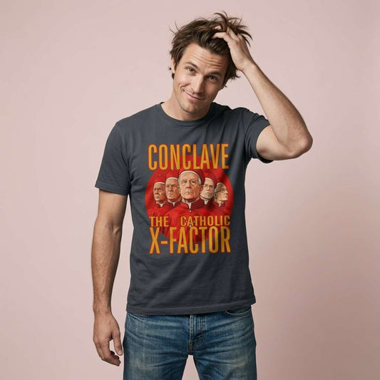 Man in ink grey Conclave The Catholic X-Factor t-shirt, fun witty satire mens graphic tee