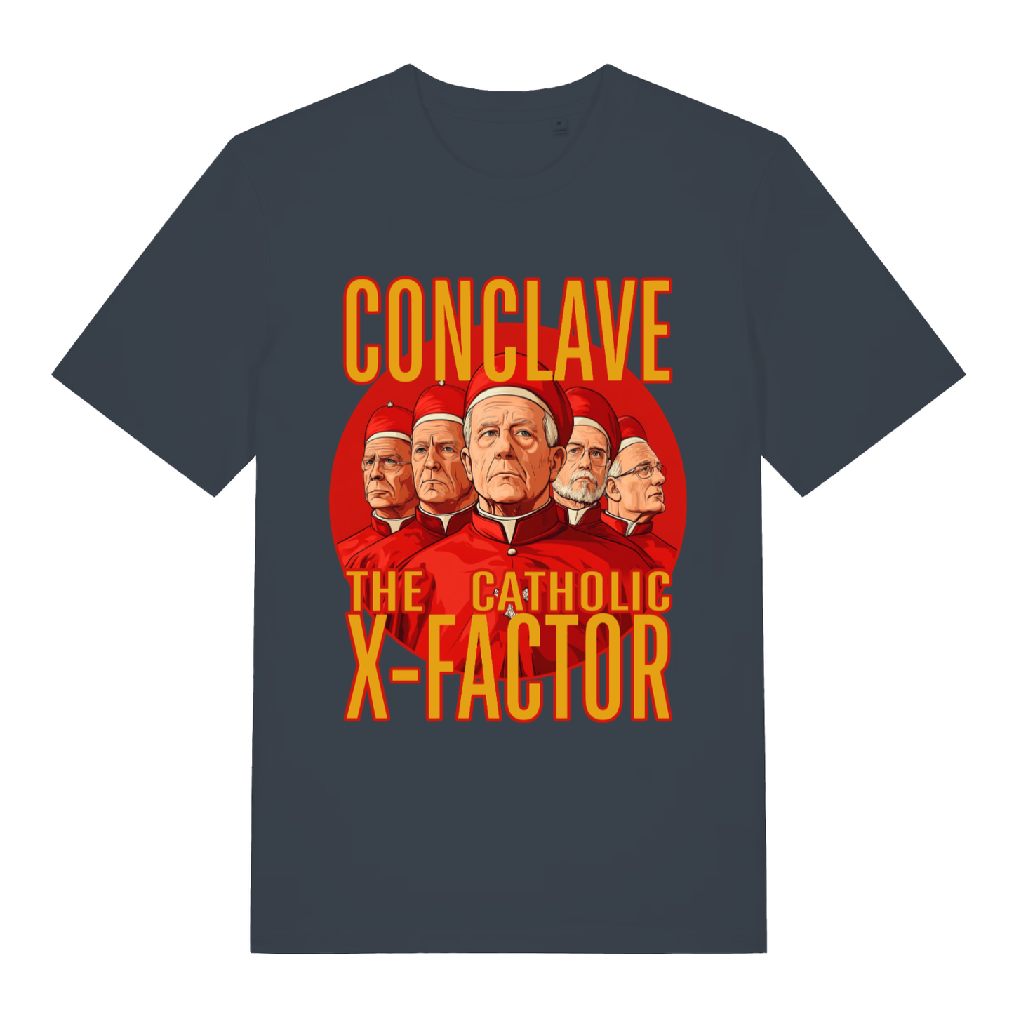Ink Grey Conclave T-shirt flat lay with witty Pope selection X-Factor pun graphic