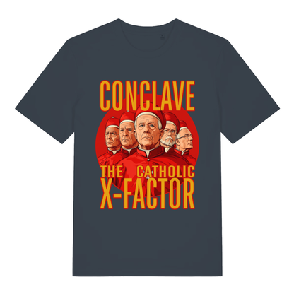 Ink Grey Conclave T-shirt flat lay with witty Pope selection X-Factor pun graphic
