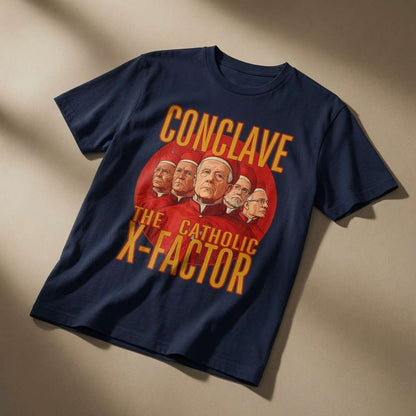 Navy Conclave The Catholic X-Factor t-shirt, funny religious banter mens graphic tee