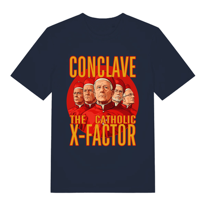 Navy Conclave T-shirt flat lay displaying dark humorous cardinals talent show parody