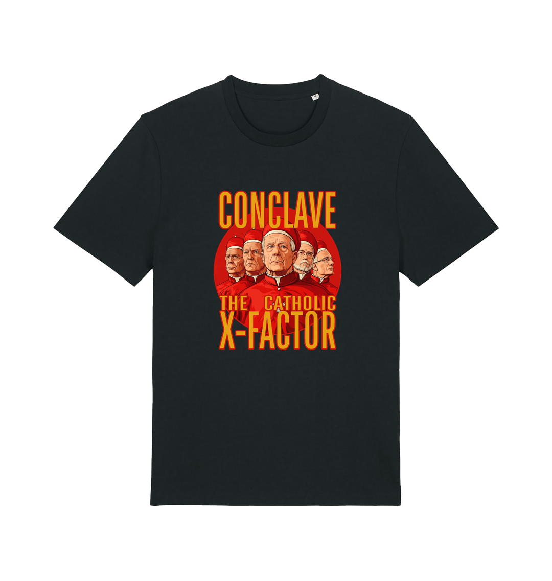 Black funny offensive t-shirt with 'Conclave The Catholic X-Factor' graphic 