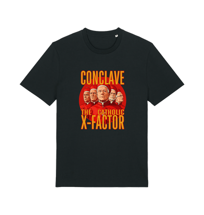 Black funny offensive t-shirt with 'Conclave The Catholic X-Factor' graphic 