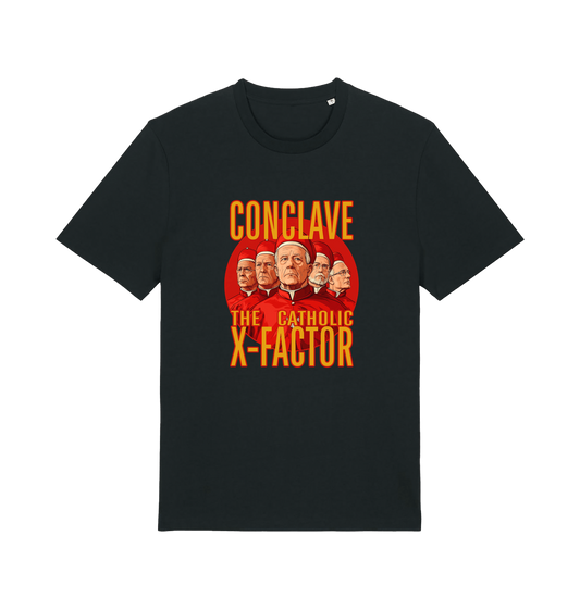 Black funny offensive t-shirt with 'Conclave The Catholic X-Factor' graphic 