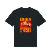Black funny offensive t-shirt with 'Conclave The Catholic X-Factor' graphic 