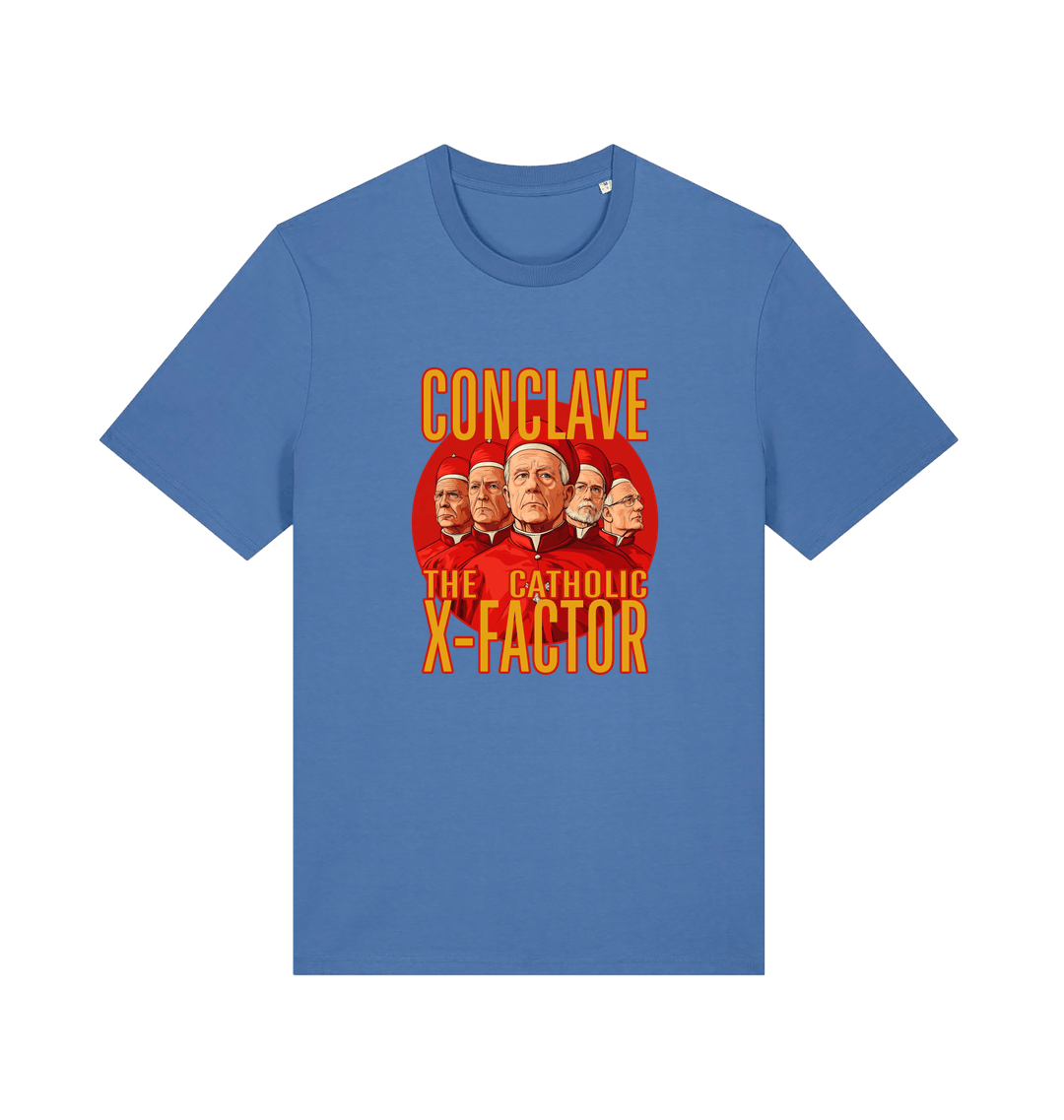 blue funny offensive t-shirt with 'Conclave The Catholic X-Factor' graphic 