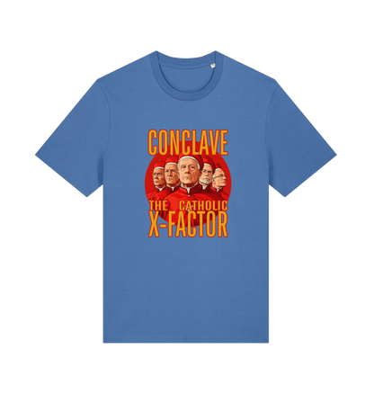 blue funny offensive t-shirt with 'Conclave The Catholic X-Factor' graphic 