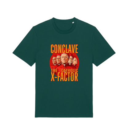 green funny offensive t-shirt with 'Conclave The Catholic X-Factor' graphic 