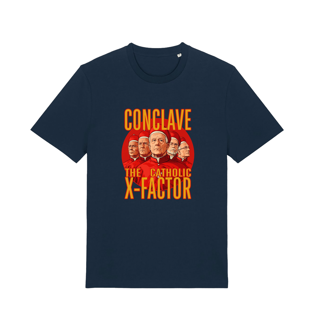 navy funny offensive t-shirt with 'Conclave The Catholic X-Factor' graphic 
