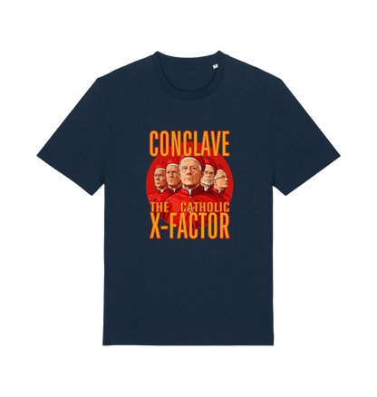 navy funny offensive t-shirt with 'Conclave The Catholic X-Factor' graphic 