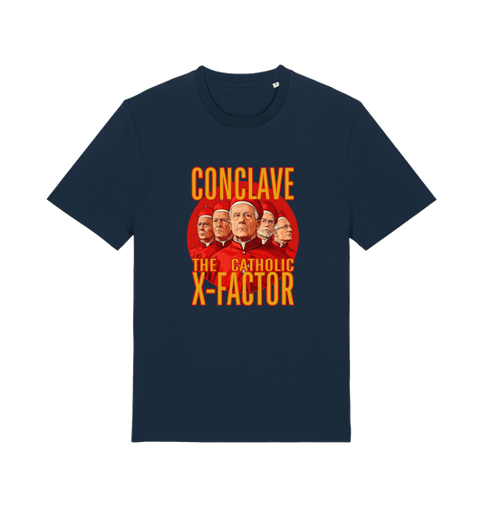 navy funny offensive t-shirt with 'Conclave The Catholic X-Factor' graphic 
