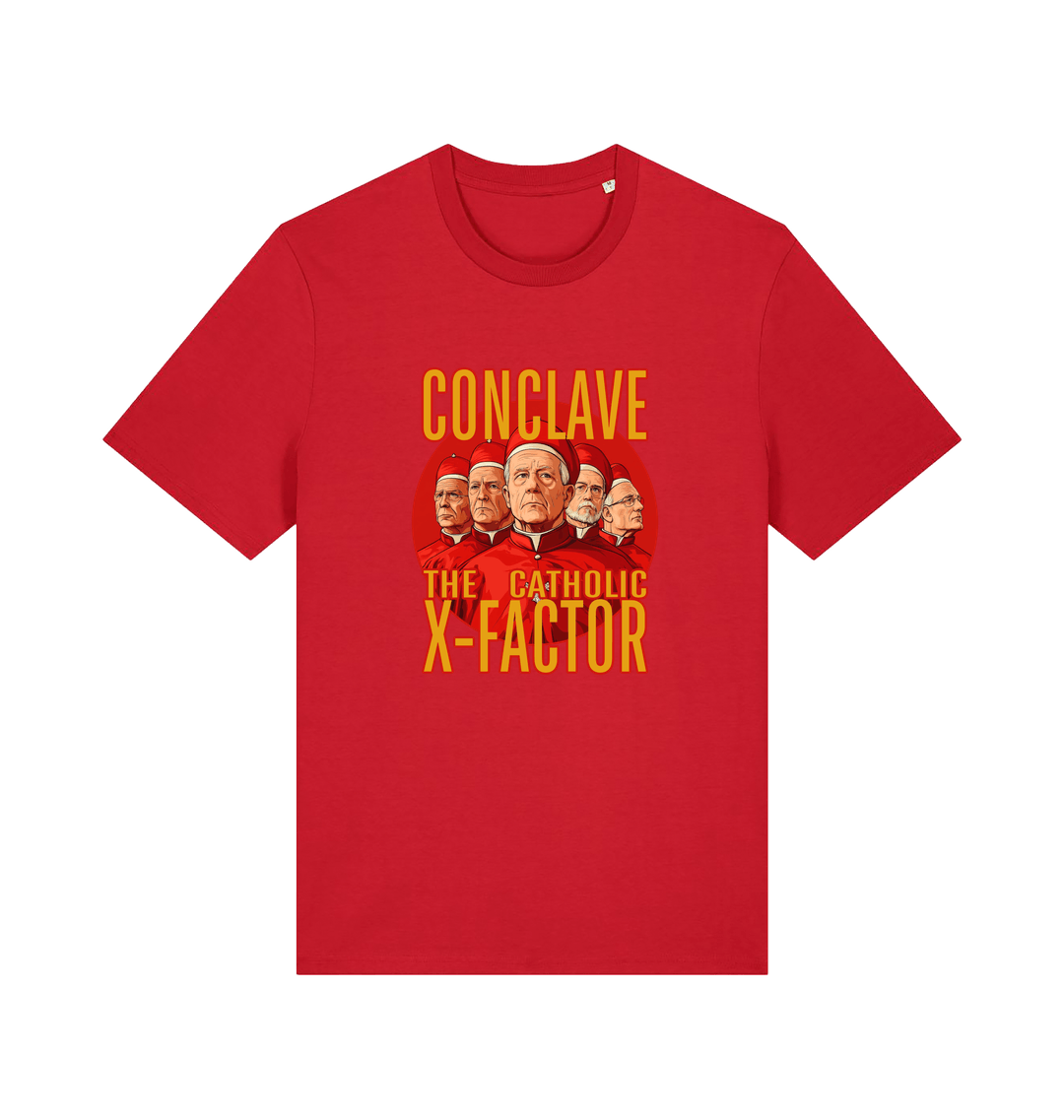 red funny offensive t-shirt with 'Conclave The Catholic X-Factor' graphic 