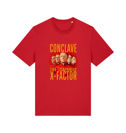 red funny offensive t-shirt with 'Conclave The Catholic X-Factor' graphic 