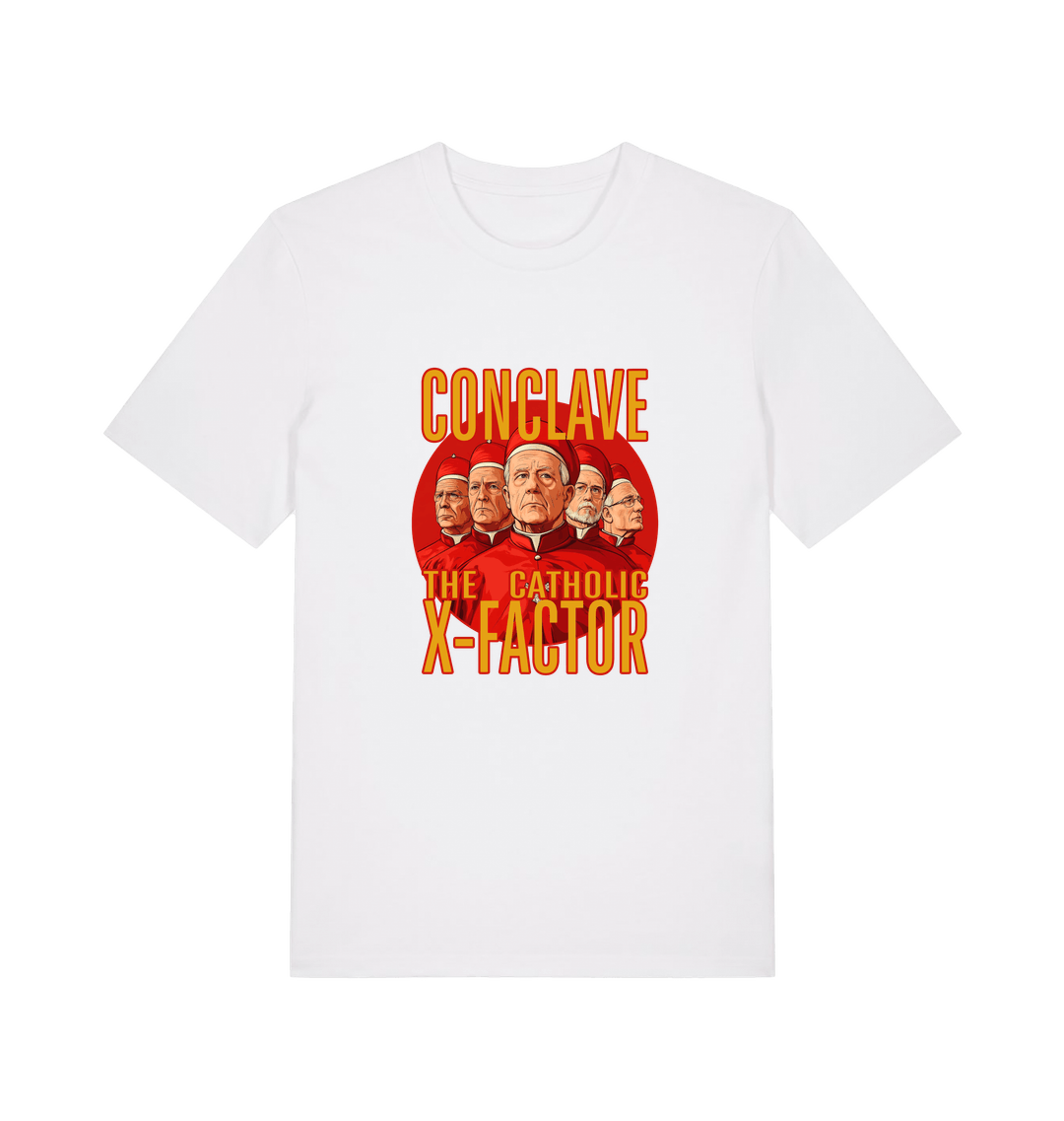 white funny offensive t-shirt with 'Conclave The Catholic X-Factor' graphic 