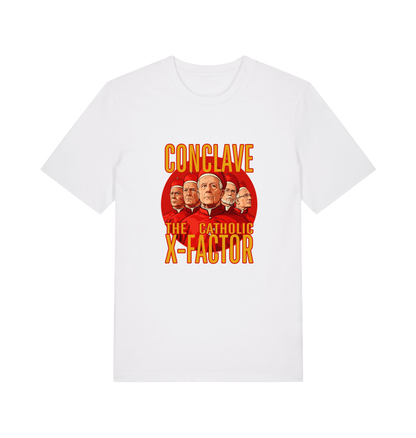 white funny offensive t-shirt with 'Conclave The Catholic X-Factor' graphic 
