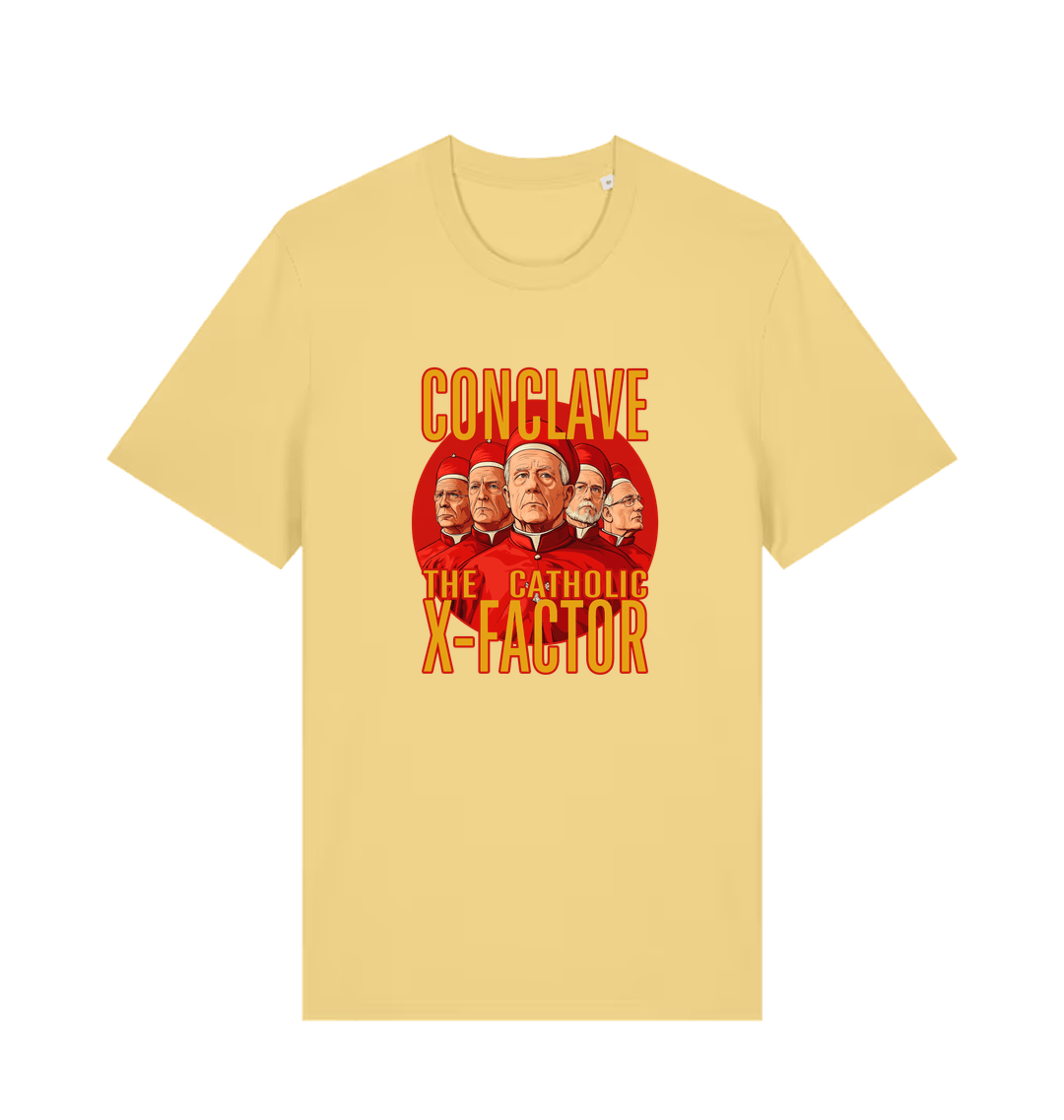 yellow funny offensive t-shirt with 'Conclave The Catholic X-Factor' graphic 