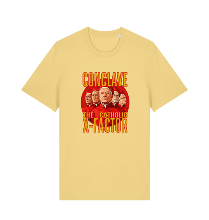 yellow funny offensive t-shirt with 'Conclave The Catholic X-Factor' graphic 