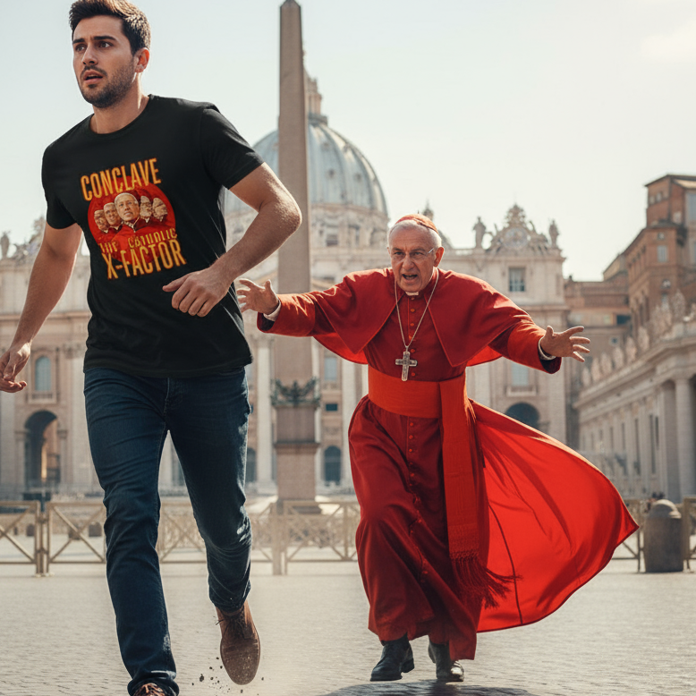 Man in black t-shirt with religious figure running alongside a cardinal in Vatican City.