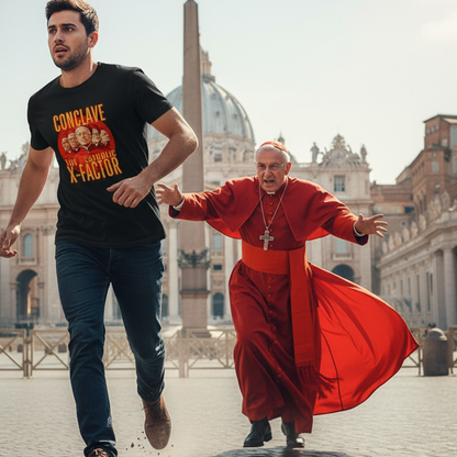 Man in black t-shirt with religious figure running alongside a cardinal in Vatican City.