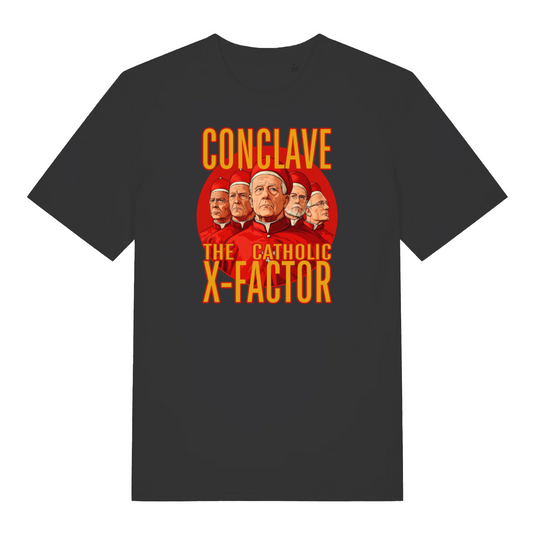 black funny offensive t-shirt with the graphic of some cardinals and the slogan 'conclave the catholic x-factor'