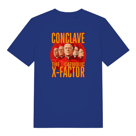 blue funny offensive t-shirt with the graphic of some cardinals and the slogan 'conclave the catholic x-factor'