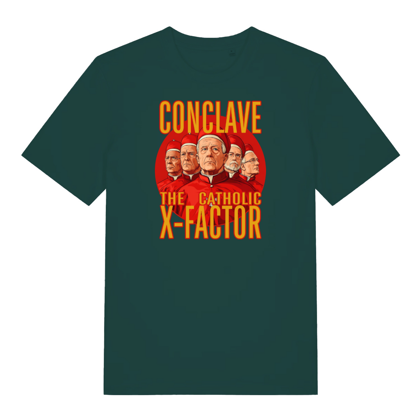 green funny offensive t-shirt with the graphic of some cardinals and the slogan 'conclave the catholic x-factor'