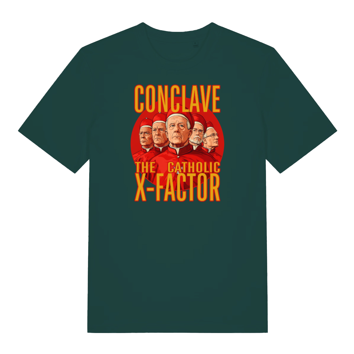 green funny offensive t-shirt with the graphic of some cardinals and the slogan 'conclave the catholic x-factor'