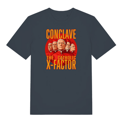 ink grey funny offensive t-shirt with the graphic of some cardinals and the slogan 'conclave the catholic x-factor'
