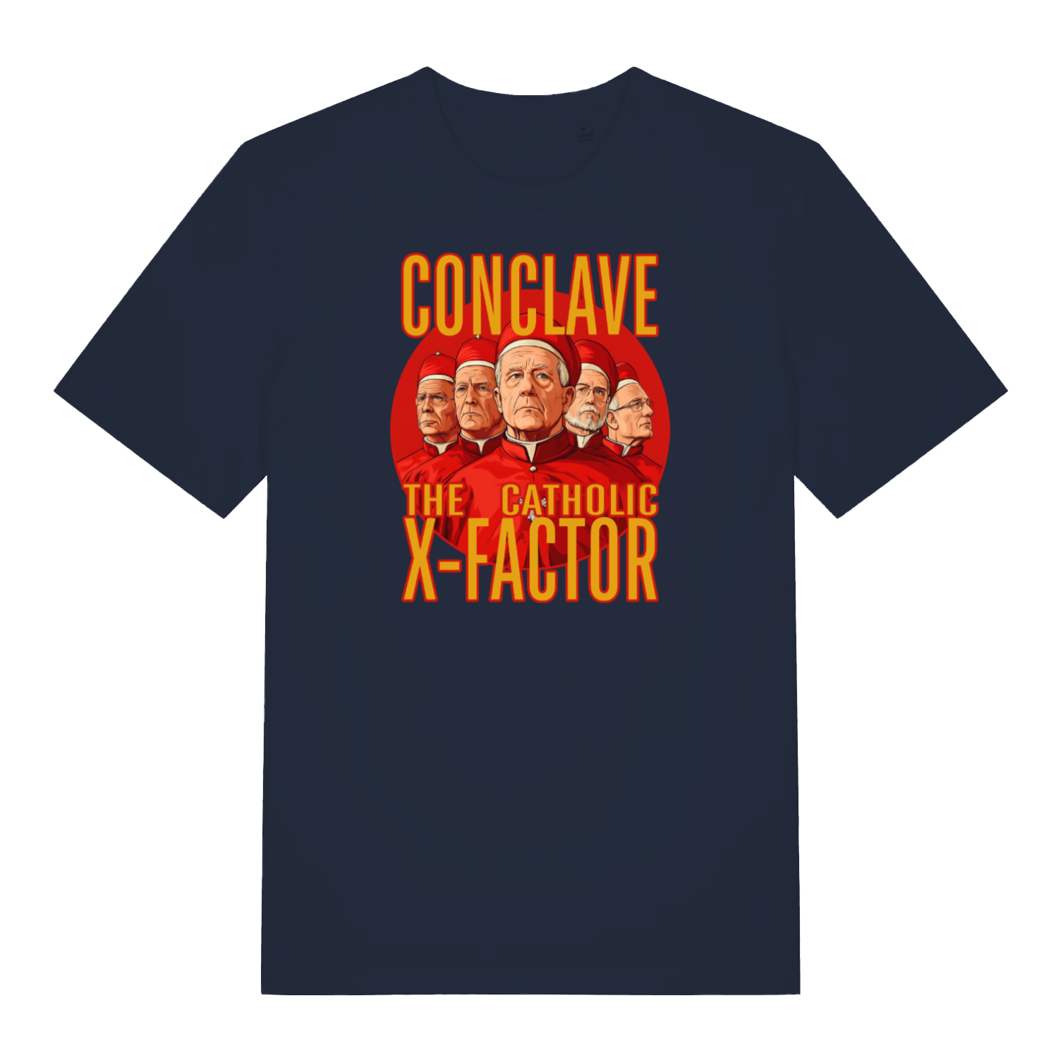 navy funny offensive t-shirt with the graphic of some cardinals and the slogan 'conclave the catholic x-factor'