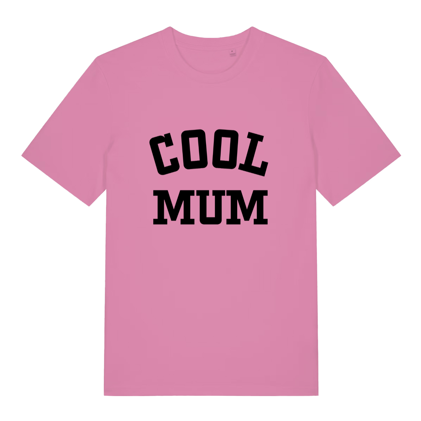 Pink women's Cool Mum T-shirt flat lay showing classic bold mum slogan design