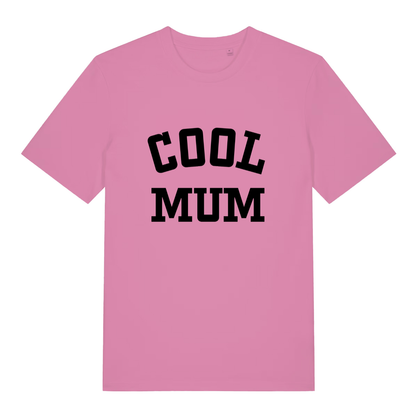 Pink women's Cool Mum T-shirt flat lay showing classic bold mum slogan design